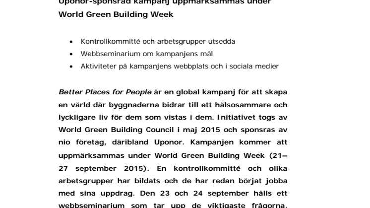 ​Better Places for People - Uponor-sponsrad kampanj uppmärksammas under World Green Building Week