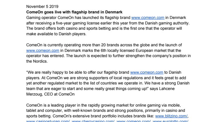 ComeOn goes live with flagship brand in Denmark