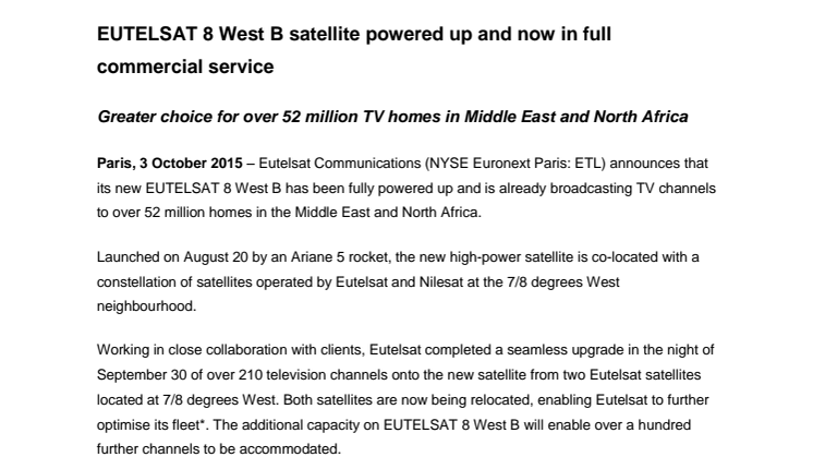 EUTELSAT 8 West B satellite powered up and now in full commercial service