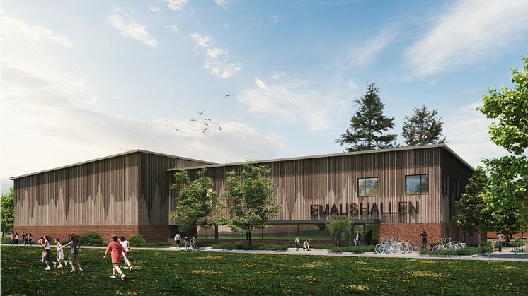 Byggnadsnämnden väntas godkänna bygglov för ny idrottshall vid Emausskolan.  Illustration: Archus