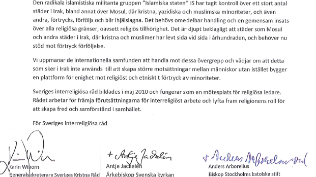 Uttalande om Irak från Sverige interreligiösa råd