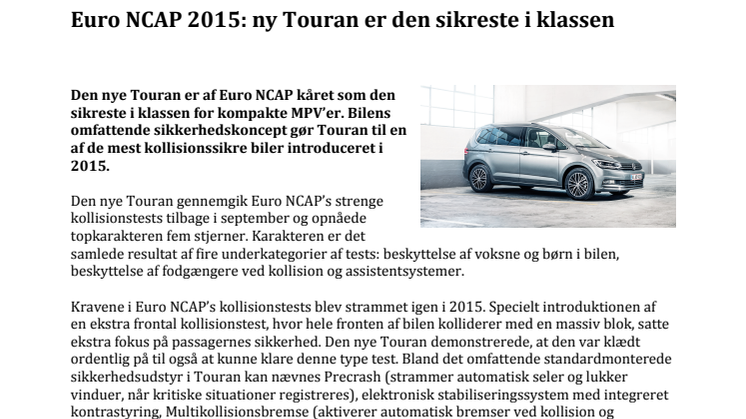 Euro NCAP 2015: ny Touran er den sikreste i klassen