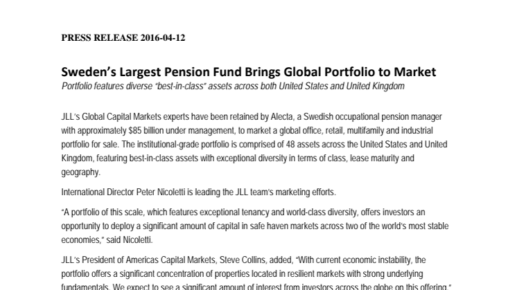 Sweden’s Largest Pension Fund Brings Global Portfolio to Market
