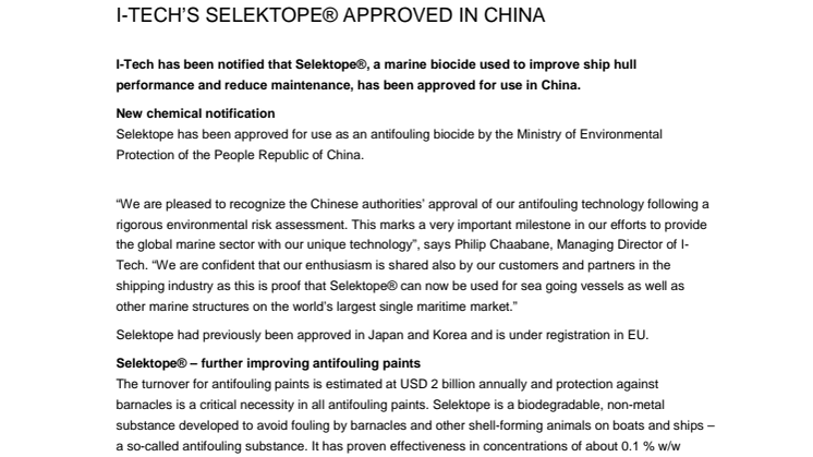 I-TECH’S SELEKTOPE® APPROVED IN CHINA