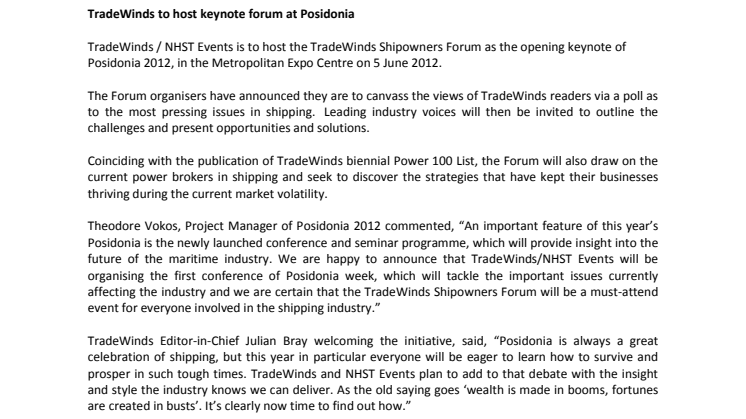 TradeWinds Shipowners Forum 2012-Press Release - English