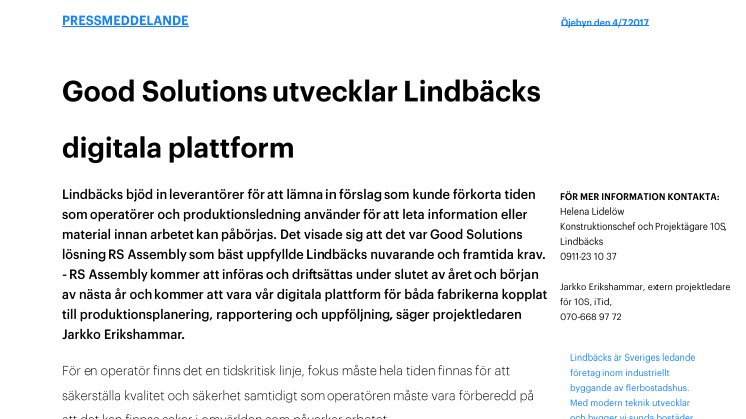 Good Solutions utvecklar Lindbäcks digitala plattform