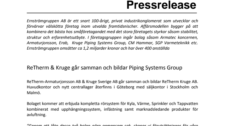 ReTherm & Kruge går samman och bildar Piping Systems Group