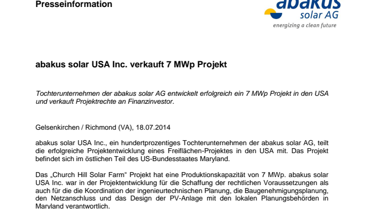 abakus solar USA Inc. verkauft 7 MWp Projekt