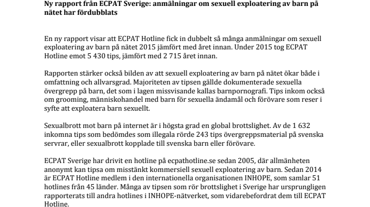 Ny rapport från ECPAT Sverige: anmälningar om sexuell exploatering av barn på nätet har fördubblats 