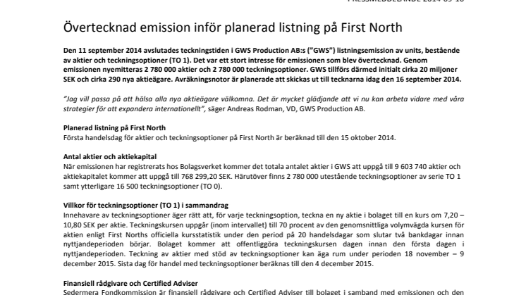 GWS: Övertecknad emission inför planerad listning på First North 