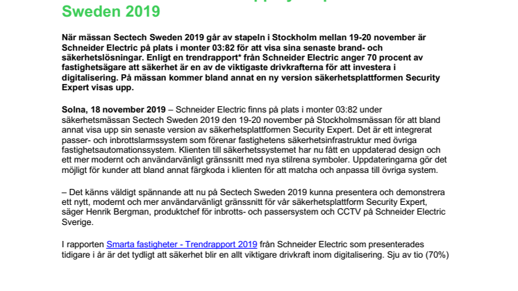 Schneider Electric visar upp nyhet på Sectech Sweden 2019