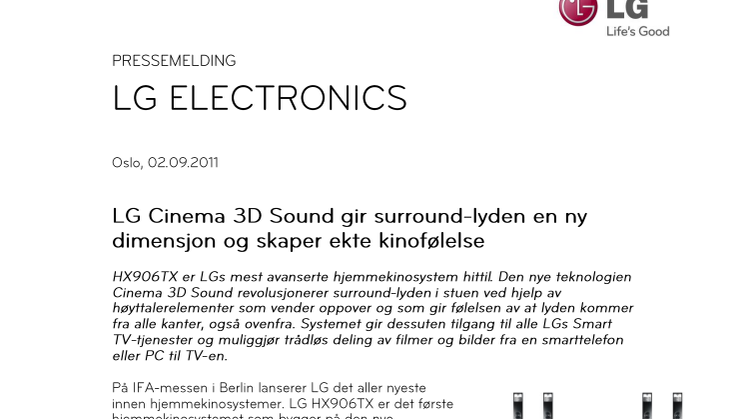LG Cinema 3D Sound gir surround-lyden en ny dimensjon og skaper ekte kinofølelse 