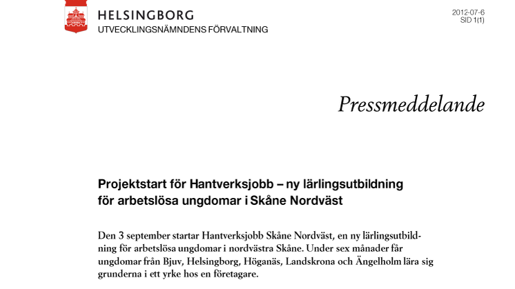 Projektstart för Hantverksjobb – ny lärlingsutbildning för arbetslösa ungdomar i Skåne Nordväst