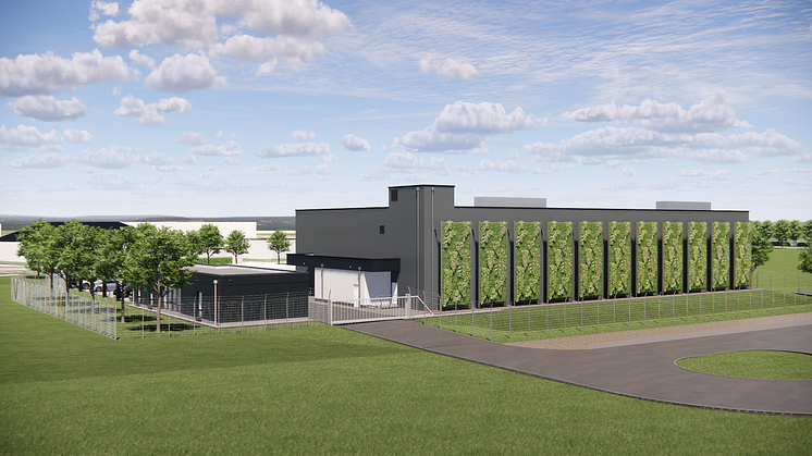 Zum Nachhaltigkeitskonzept des neuen Rechenzentrums in Sehnde gehören eine Freiflächen Photovoltaik-Anlage und eine innovative Fassadenbegrünung.
