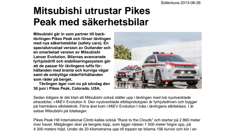 Mitsubishi utrustar Pikes Peak med säkerhetsbilar