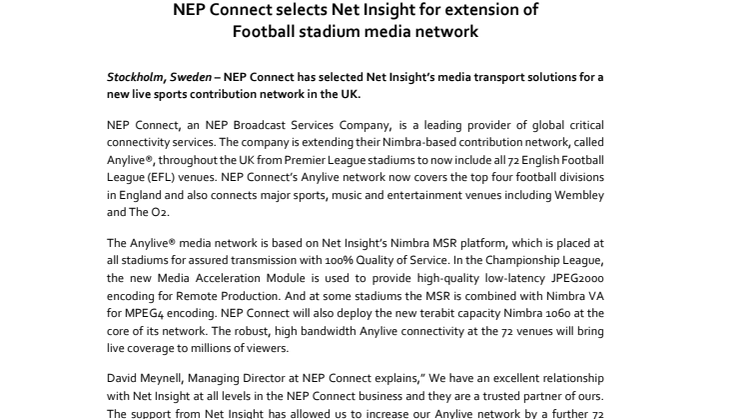 NEP Connect väljer Net Insight för medianätsexpansion till fotbollsarenor i England