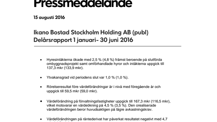 Ikano Bostad Stockholm Holding AB (publ) Delårsrapport 1 januari- 30 juni 2016