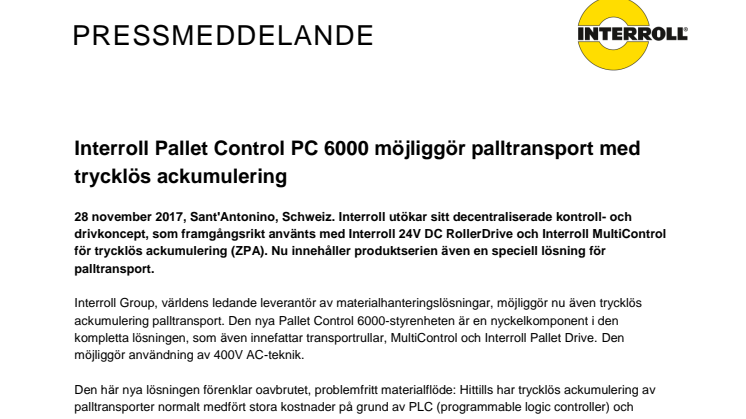 Interroll Pallet Control PC 6000 möjliggör palltransport med trycklös ackumulering