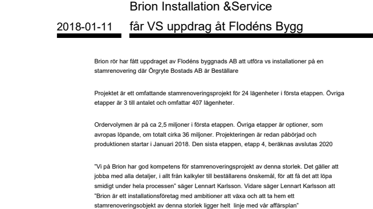 Brion Installation & Service får VS uppdrag åt Flodéns Bygg