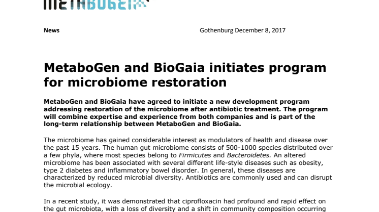 MetaboGen and BioGaia initiates program for microbiome restoration