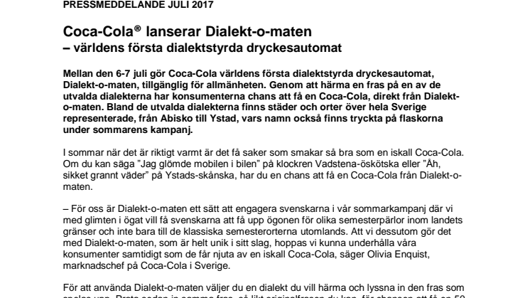 Coca-Cola® lanserar Dialekt-o-maten – Världens första dialektstyrda dryckesautomat