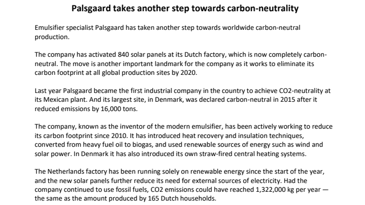 PRESS RELEASE: Palsgaard takes another step towards carbon-neutrality