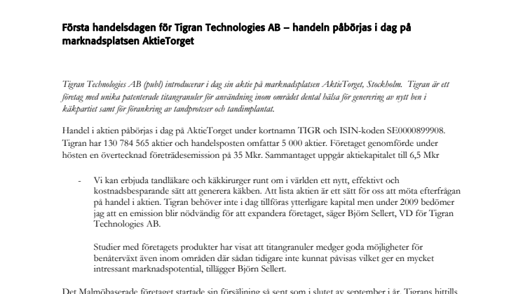 Första handelsdagen för Tigran Technologies AB – handeln påbörjas i dag på marknadsplatsen AktieTorget 