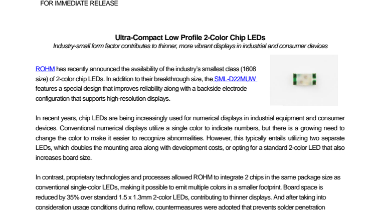 Ultra-Compact Low Profile 2-Color Chip LEDs ---Industry-small form factor contributes to thinner, more vibrant displays in industrial and consumer devices