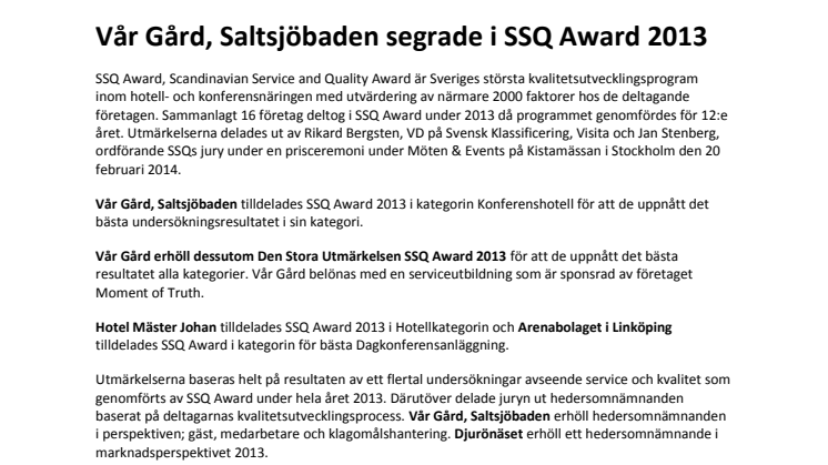 Vår Gård, Saltsjöbaden segrade i SSQ Award 2013