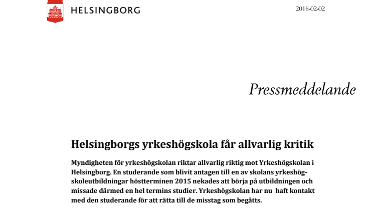 ​Helsingborgs yrkeshögskola får allvarlig kritik