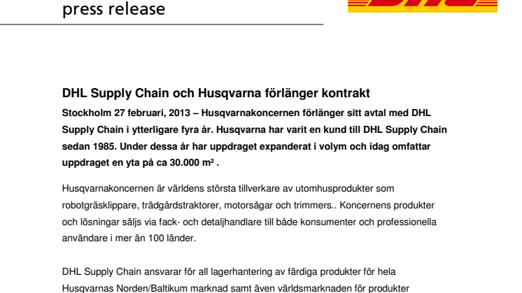 DHL Supply Chain och Husqvarna förlänger kontrakt