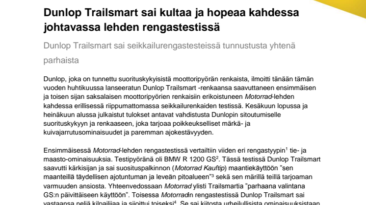 Dunlop Trailsmart sai kultaa ja hopeaa kahdessa johtavassa lehden rengastestissä  