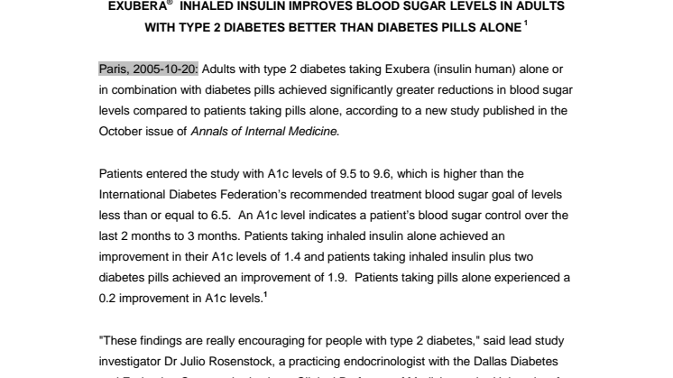 EXUBERA® INHALED INSULIN IMPROVES BLOOD SUGAR LEVELS IN ADULTS WITH TYPE 2 DIABETES BETTER THAN DIABETES PILLS ALONE 1