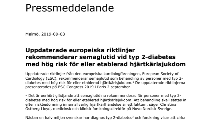 Uppdaterade europeiska riktlinjer rekommenderar semaglutid vid typ 2-diabetes med hög risk för eller etablerad hjärtkärlsjukdom