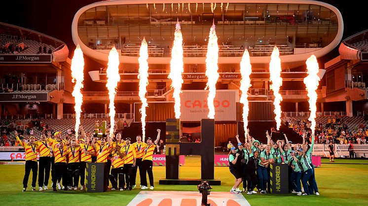 Trent Rockets and Oval Invincibles men's and women's teams celebrate winning The Hundred. Photo: Getty Images