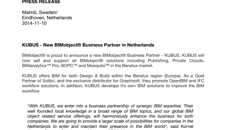 KUBUS - New BIMobject® Business Partner in The Netherlands