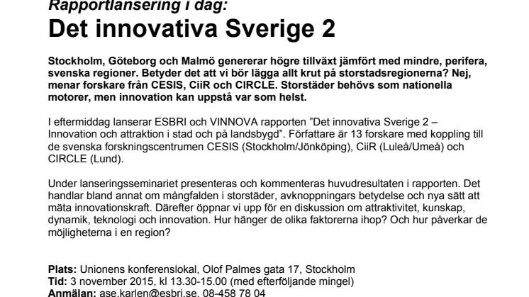 Rapportlansering i dag: "Det innovativa Sverige 2"