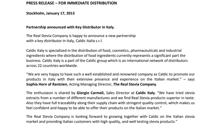 Partnership announcement with Key Distributor in Italy