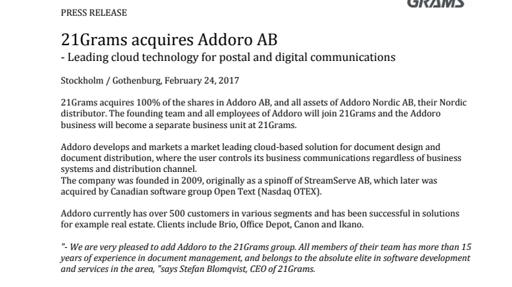 21 Grams acquires Addoro AB