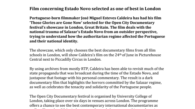 Film concerning Estado Novo selected as one of best in London 