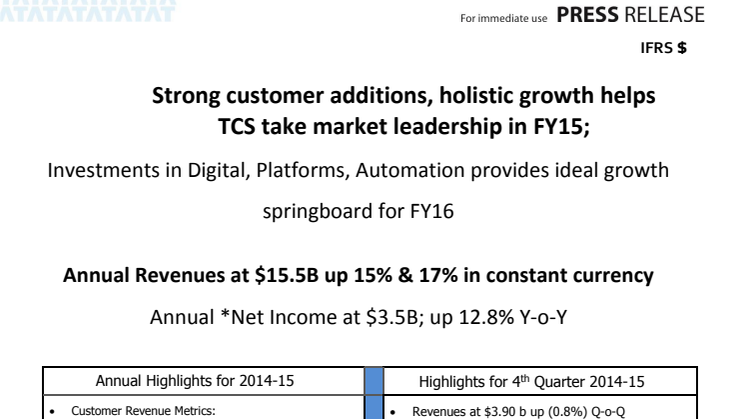 ​TCS presenterar finansiella resultat för FY15 - holistisk tillväxt över marknader och branscher