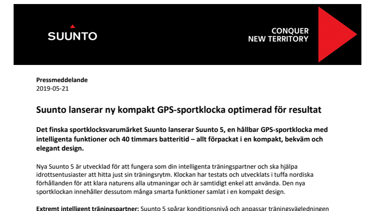 Suunto lanserar ny kompakt GPS-sportklocka optimerad för resultat