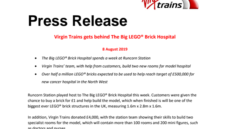 Virgin Trains gets behind The Big LEGO® Brick Hospital  