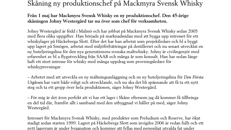 Skåning ny produktionschef på Mackmyra Svensk Whisky 