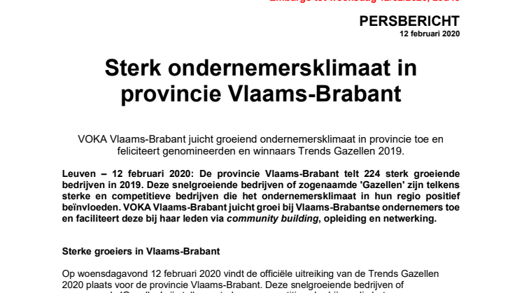 EMBARGO 12.02.2020 TOT 20.45 - Sterk ondernemersklimaat in provincie Vlaams-Brabant 