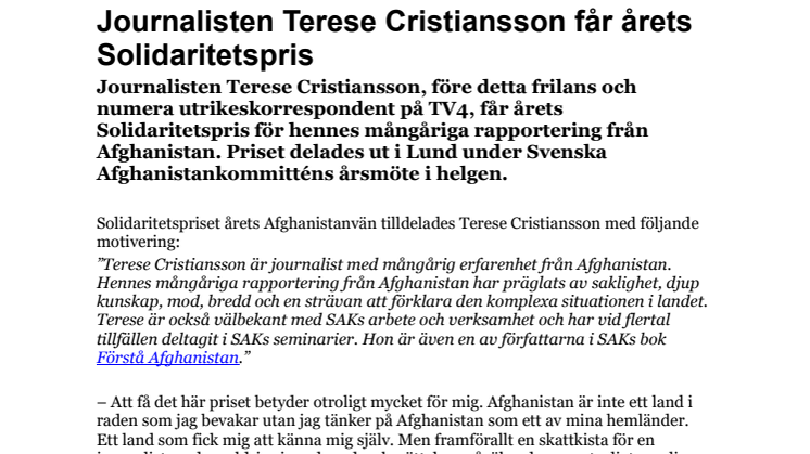 ​ Journalisten Terese Cristiansson får årets Solidaritetspris