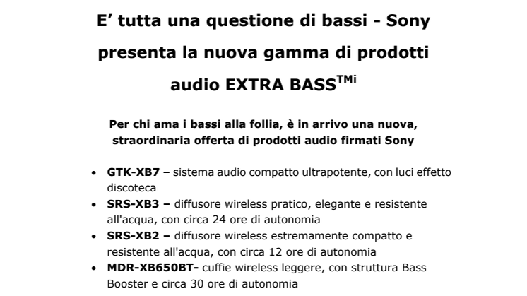 E’ tutta una questione di bassi - Sony presenta la nuova gamma di prodotti audio EXTRA BASSTM 