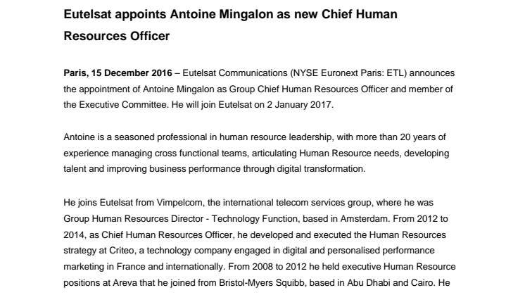 Eutelsat appoints Antoine Mingalon as new Chief Human Resources Officer