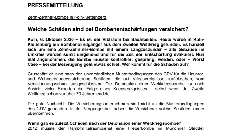 Bombenfund in Köln-Klettenberg – Welche Schäden sind bei Bombenentschärfungen versichert?