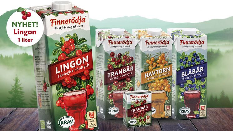 Den populära ekologiska och KRAV-märkta lingondrycken från Finnerödja kommer nu i praktisk 1-litersförpackning.